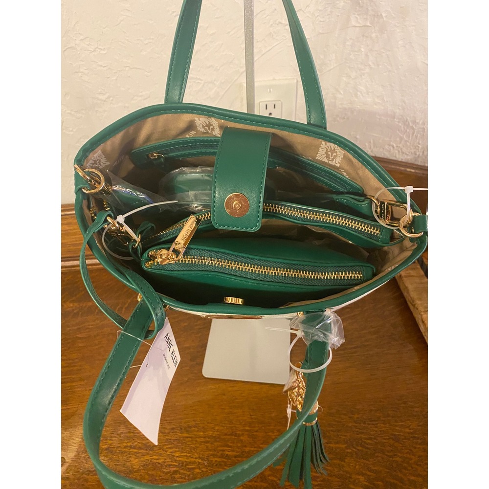 Anne Klein Wynn Green Striped Tote Bag with Pouch and Crossbody Strap NEW - Picture 6 of 13